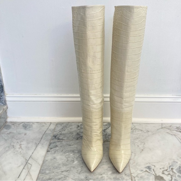 PARIS TEXAS Embossed Croco Bone China Cream Tall Stiletto Boots - Picture 3 of 16